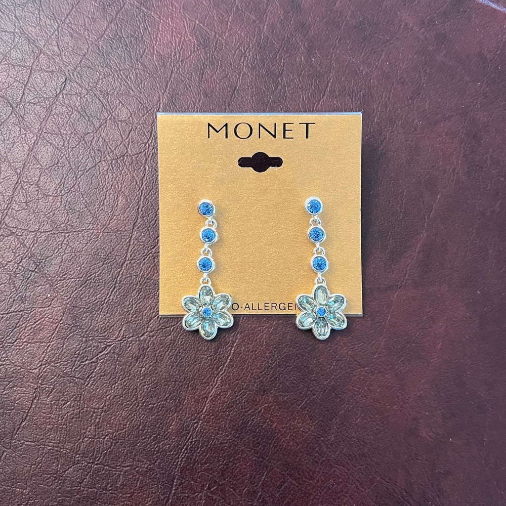 Monet Silver and Blue Floral Earrings - Picture 2 of 4